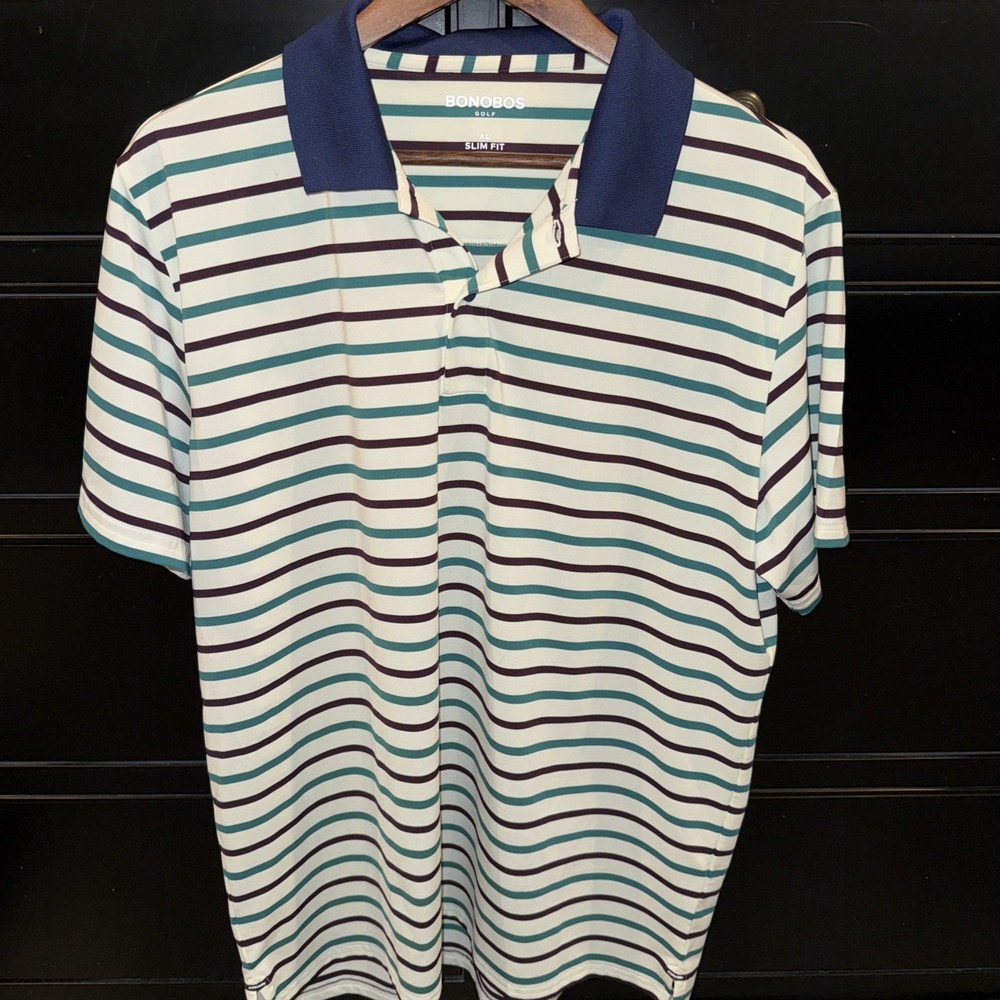 Bonobos‎ Golf Poly Stripe POLO SHIRT XL Slim Performance Ivory Blue Green